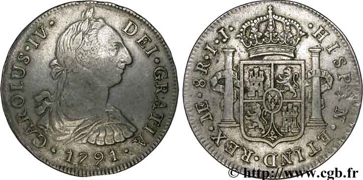 PÉROU 8 Reales Charles IV d’Espagne IJ 1791 Lima TTB 