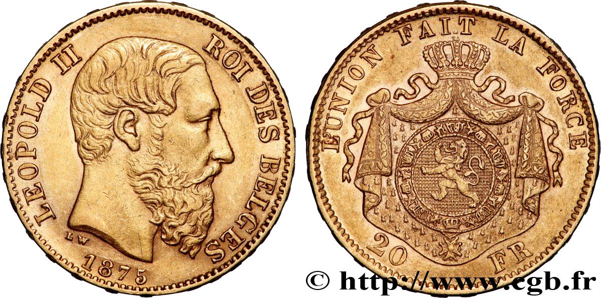 GOLD, PALLADIUM & PLATINUM INVESTMENT 20 Francs Léopold II 1875 Bruxelles AU
