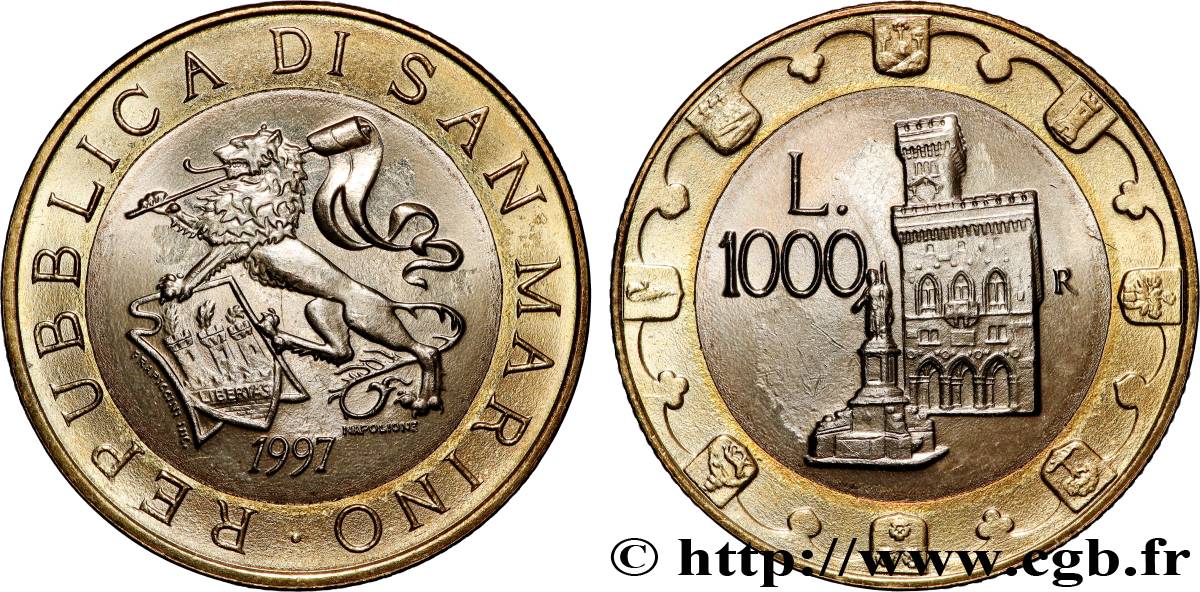 SAN MARINO 1000 Lire lion héraldique / le Palazzo Publico 1997 Rome - R fST