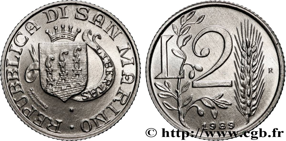 SAN MARINO 2 Lire armes / épi de blé et rameau d’olivier 1989 Rome - R fST