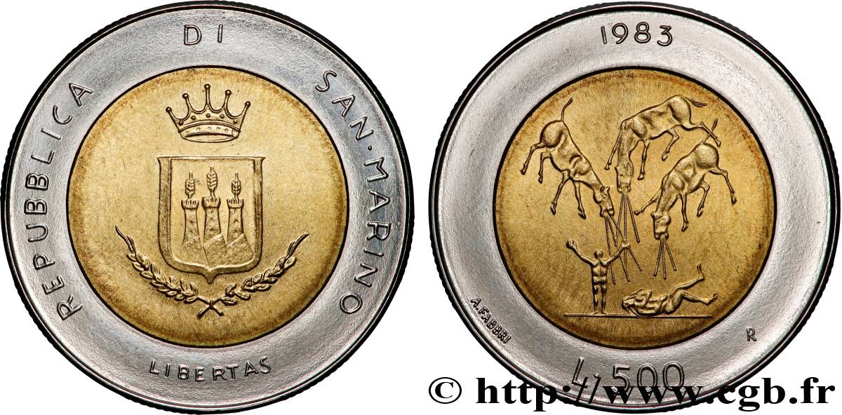 SAN MARINO 500 Lire emblème, la peur de la guerre nucléaire 1983 Rome - R fST