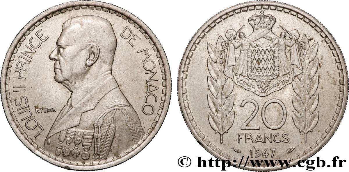 MONACO 20 Francs prince Louis II 1947 Paris fVZ