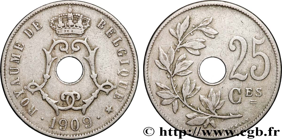 BELGIEN 25 Centimes Léopold II 1909 Bruxelles SS