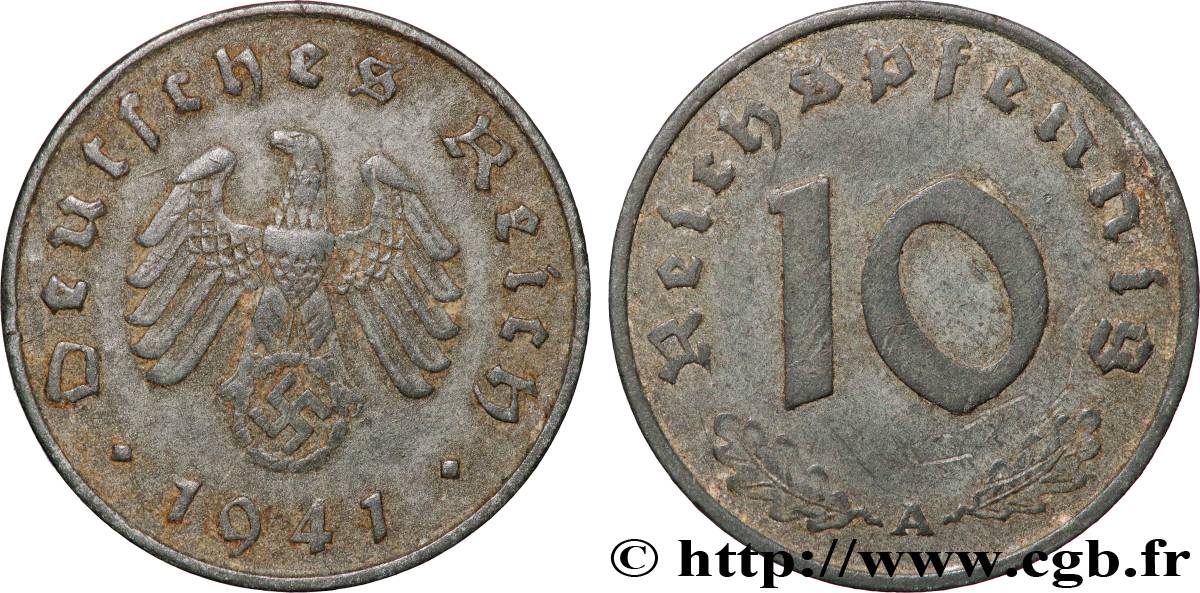 GERMANIA 10 Reichspfennig aigle surmontant une swastika 1941 Berlin BB