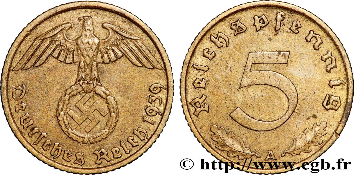 GERMANIA 5 Reichspfennig aigle surmontant une swastika 1939 Berlin q.SPL