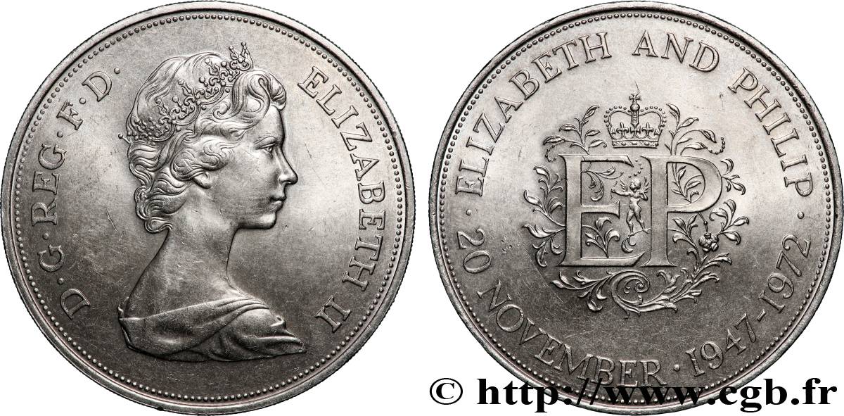 ROYAUME-UNI 25 New Pence (1 Crown) 25e anniversaire de mariage d’Elisabeth II 1972 SUP