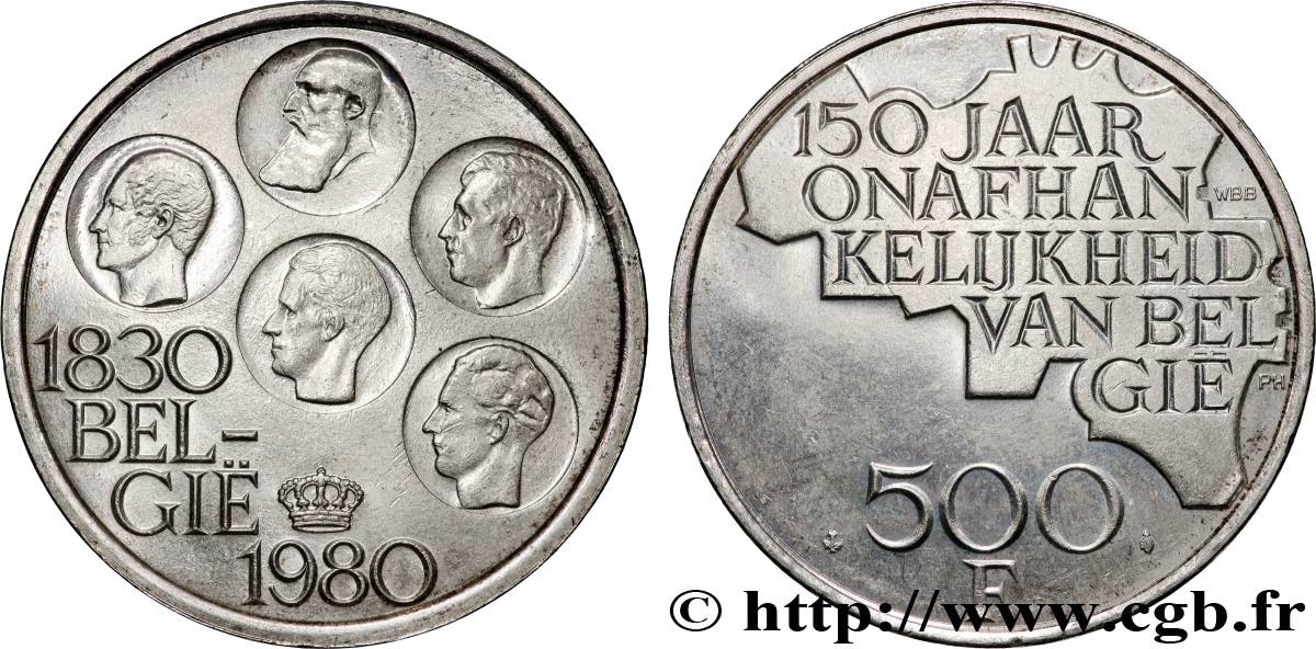 BELGIUM 500 Francs légende flamande 150e anniversaire de l’indépendance, portrait des 5 rois / carte de Belgique 1980 Bruxelles AU