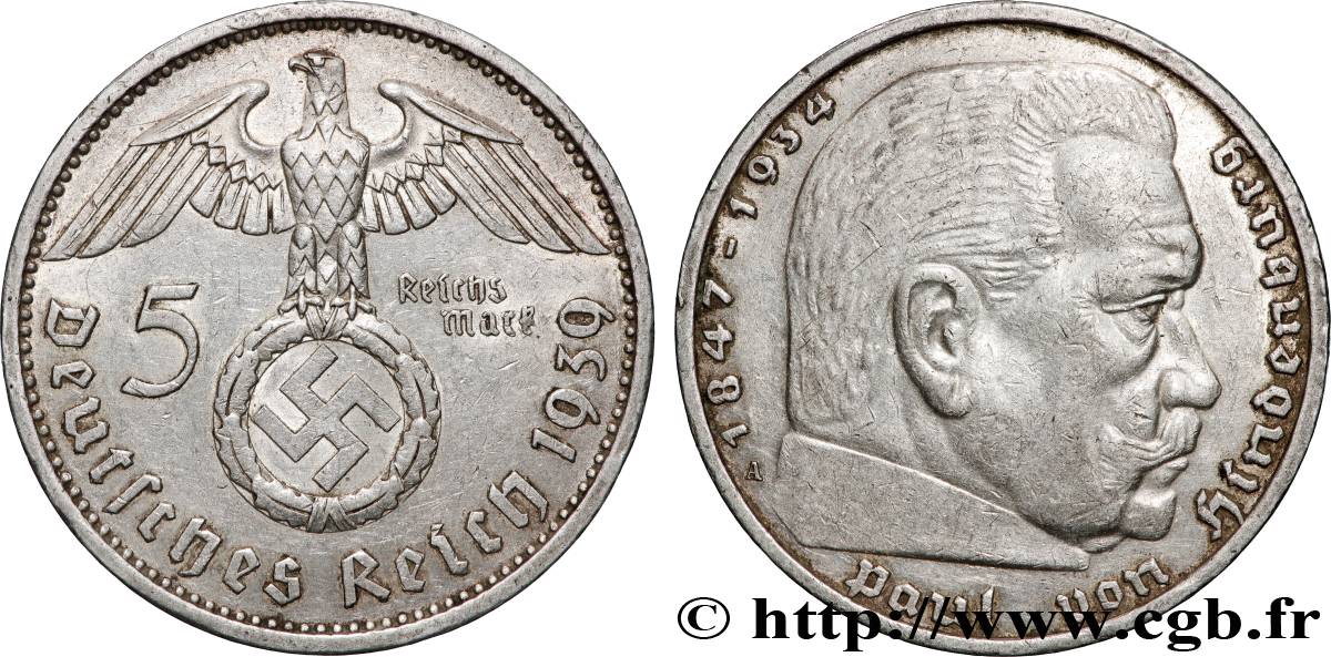 ALLEMAGNE 5 Reichsmark Maréchal Paul von Hindenburg 1939 Berlin TTB