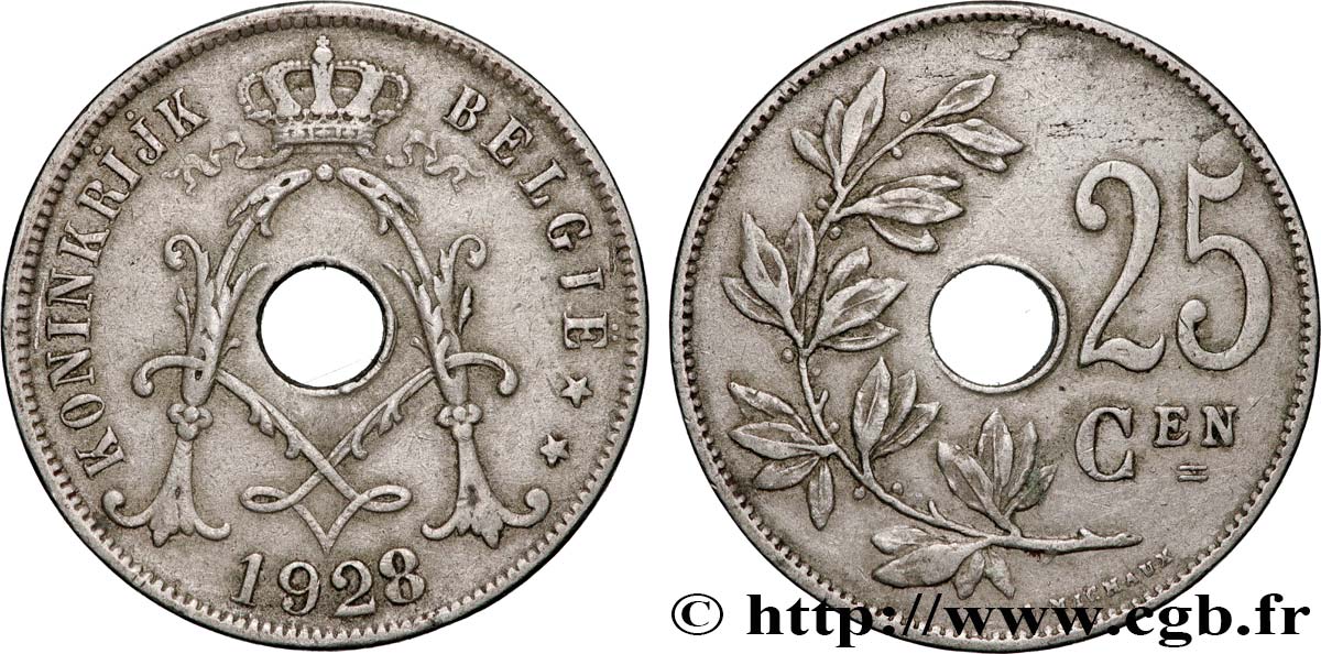 BÉLGICA 25 Centiemen (Centimes) Albert Ier 1928 Bruxelles MBC
