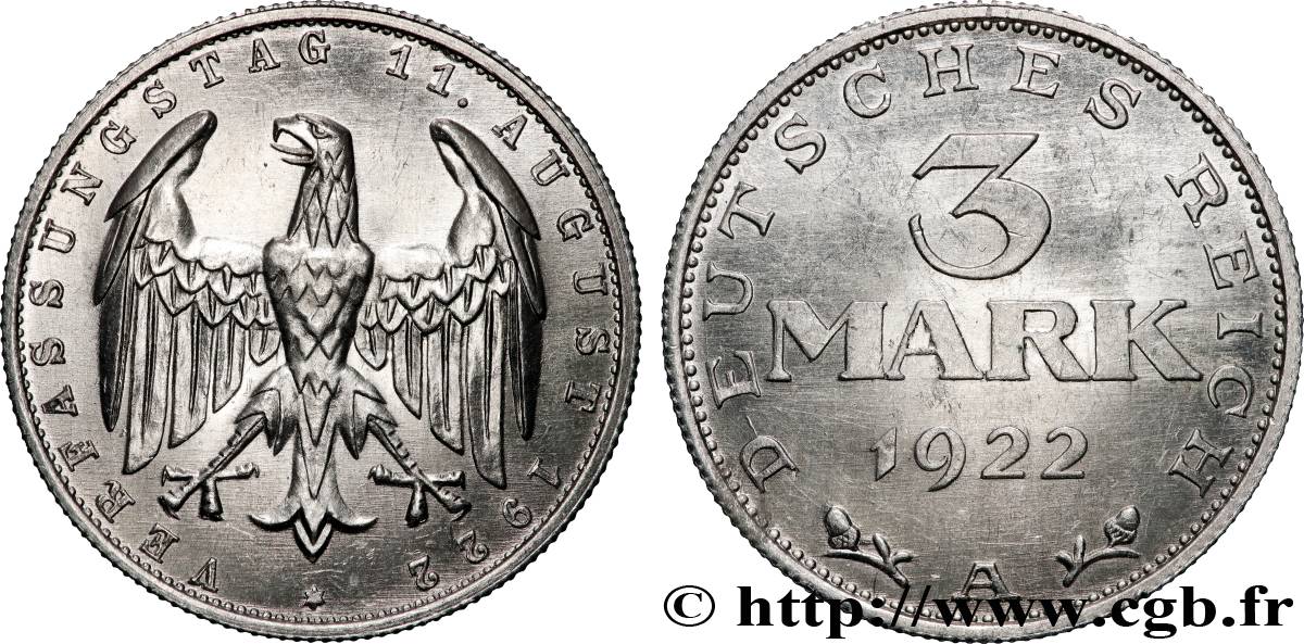 DEUTSCHLAND 3 Mark Constitution de Weimar 1922 Berlin fVZ