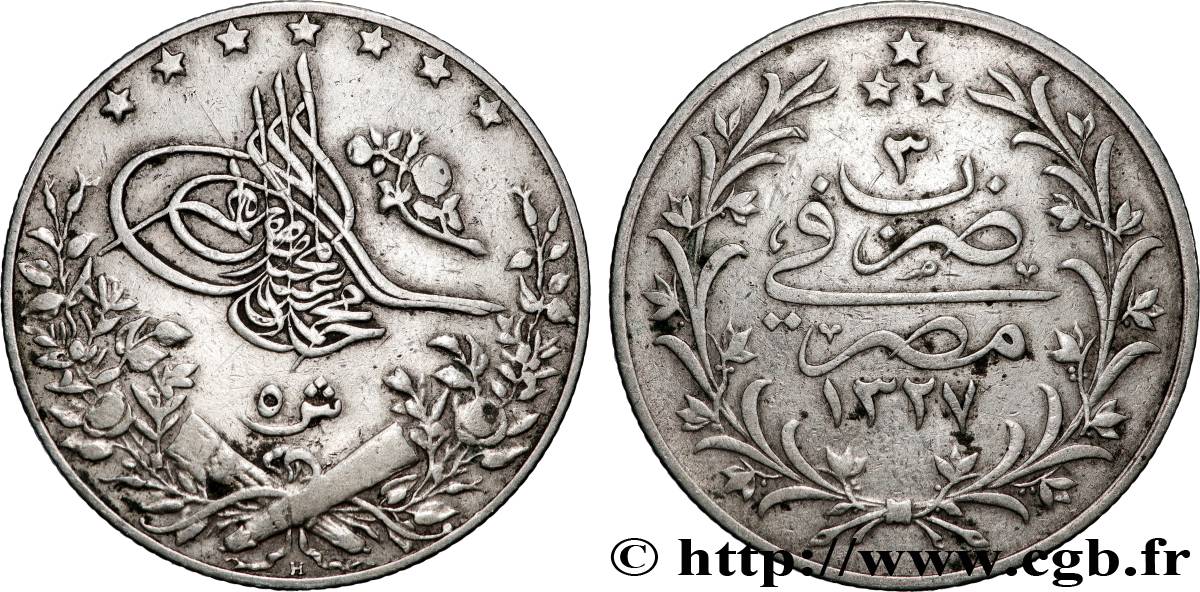 EGYPT 5 Qirsh Muhammad V an 3 AH 1327 (1911) Heaton XF