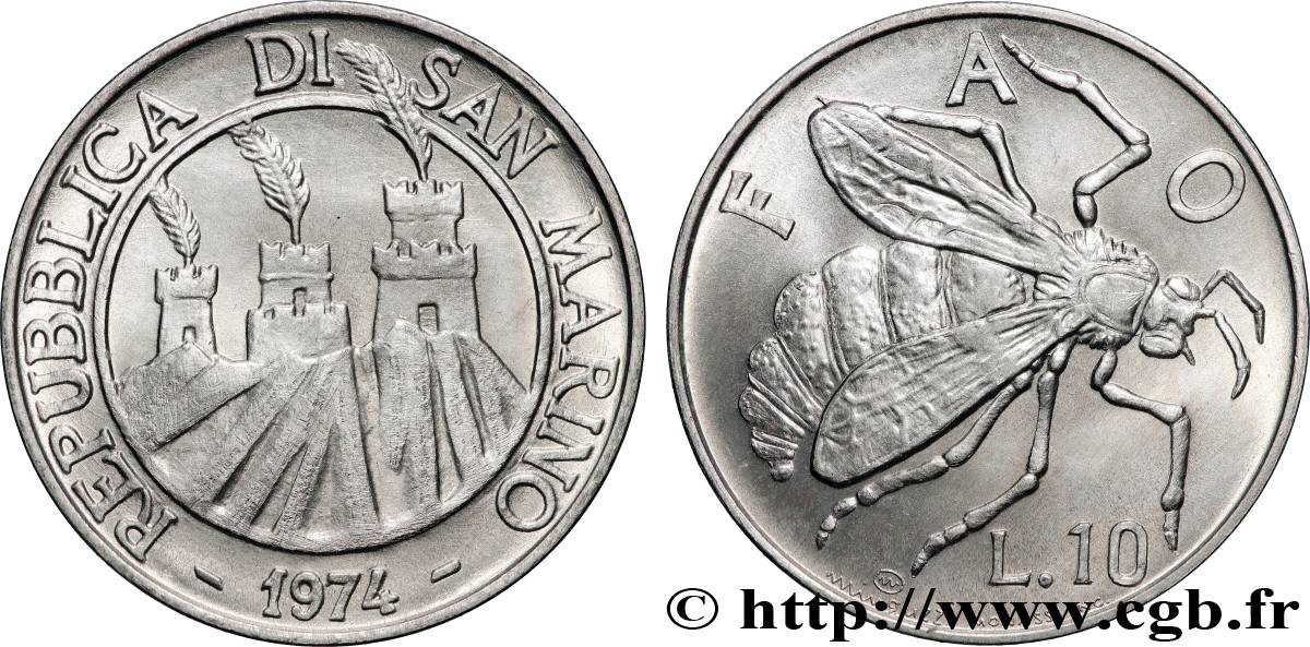 SAN MARINO 10 Lire 3 tours / abeille 1974 Rome MS