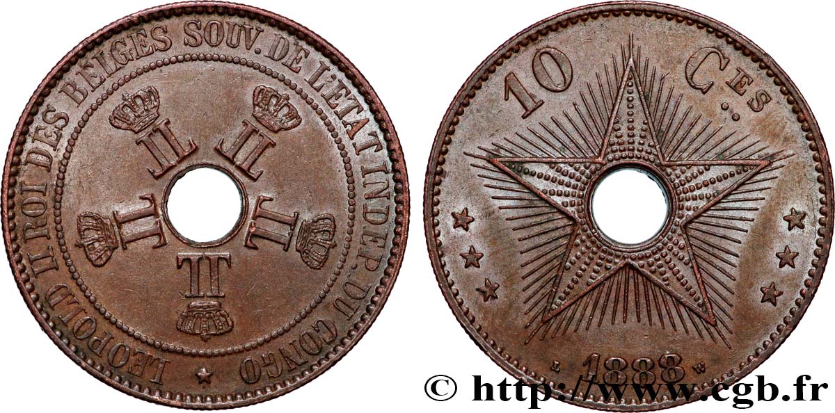 CONGO FREE STATE 10 Centimes 1888 Bruxelles AU