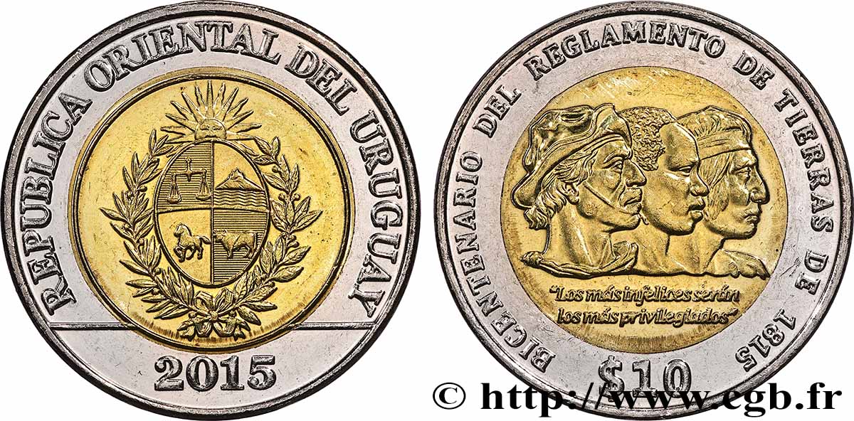 URUGUAY 10 Pesos bicentenaire du code agraire de 1815 2015 Llantrisant MS
