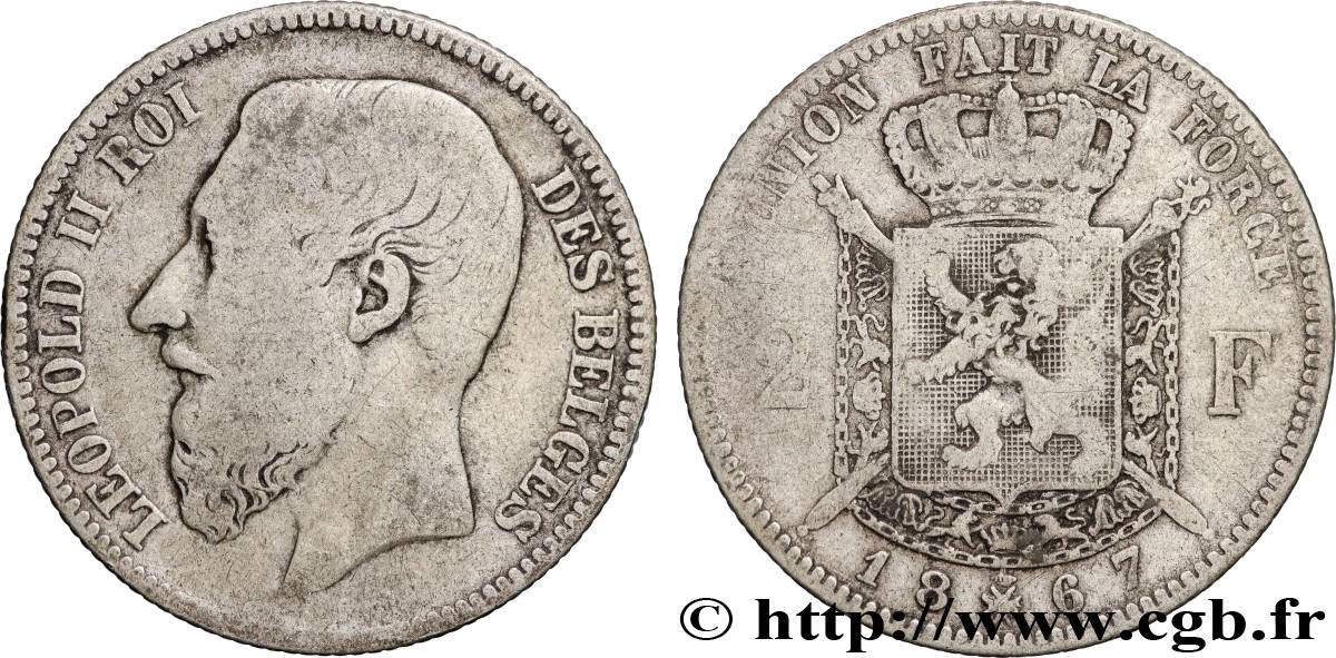 BELGIQUE 2 Francs Léopold II légende française 1867 Bruxelles TB