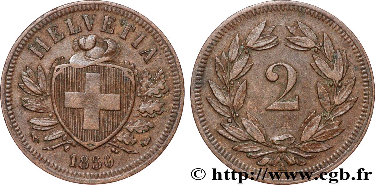 SUISSE 2 Centimes (Rappen) croix suisse 1850 Paris TTB+