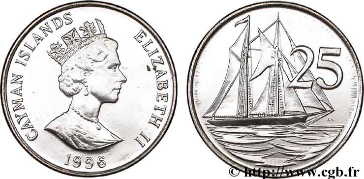 ÎLES CAIMANS 25 Cents Elisabeth II / voilier 1996 Cardiff, British Royal Mint SPL 