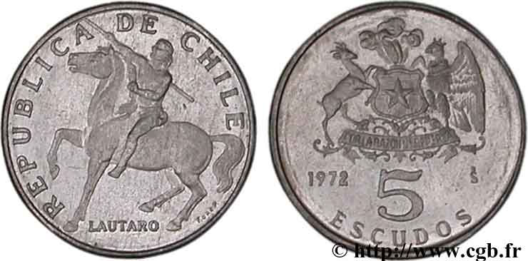 CHILI 5 Escudos cacique mapuche Lautaro à cheval 1972 Santiago - S° SPL 