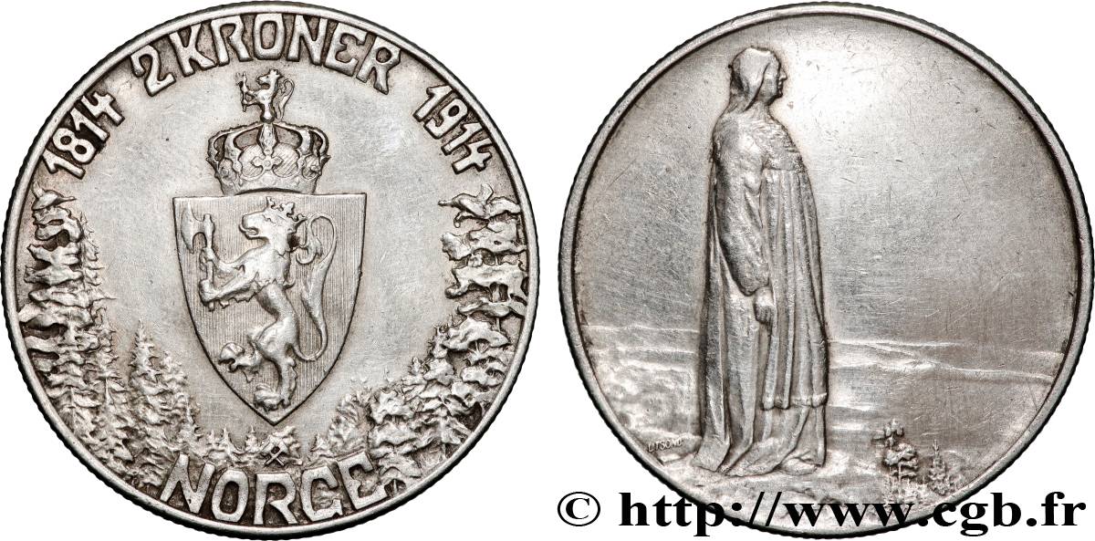 NORVÈGE 2 Kroner Haakon VII - Centenaire de la Constitution 1914 Oslo TTB+