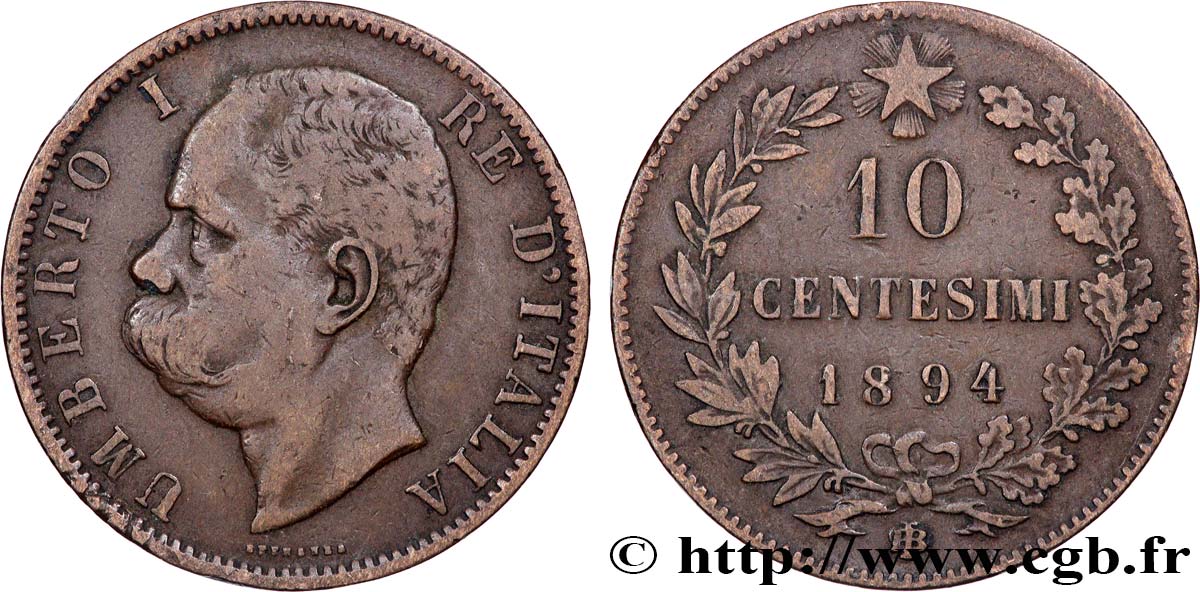 ITALIE 10 Centesimi Humbert Ier 1894 Birmingham TB+