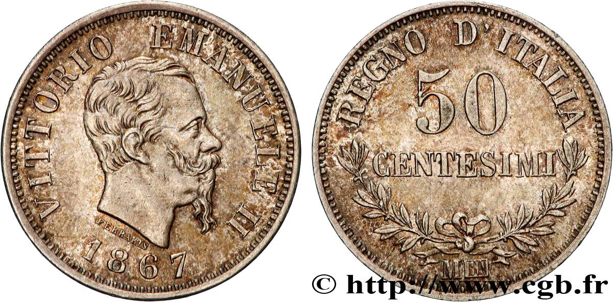 ITALY 50 Centesimi Victor Emmanuel II 1867 Milan AU