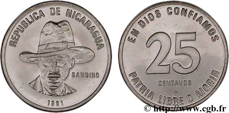 NICARAGUA 25 Centavos Sandino 1981  SPL 