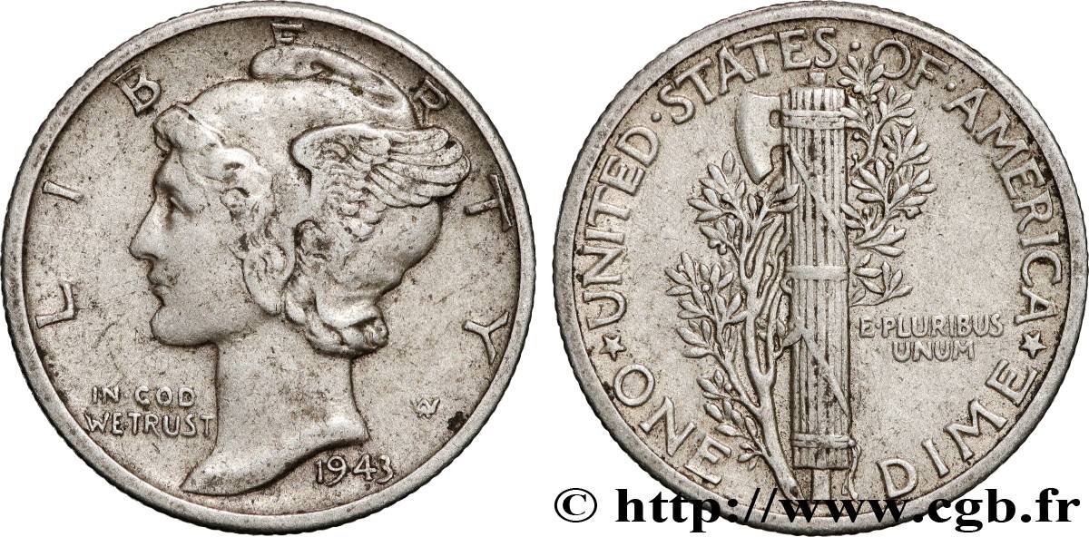 ÉTATS-UNIS D AMÉRIQUE 1 Dime Mercury 1943 Philadelphie TTB