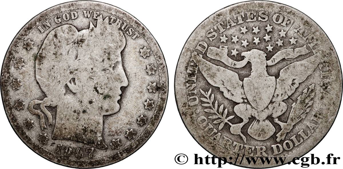 ÉTATS-UNIS D AMÉRIQUE 1/4 Dollar Barber 1907 Philadelphie TB
