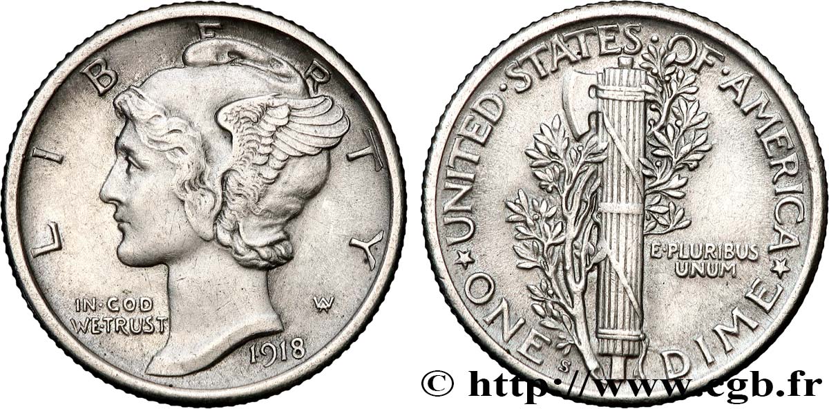 ÉTATS-UNIS D AMÉRIQUE 1 Dime Mercury 1918 San Francisco - S TTB+