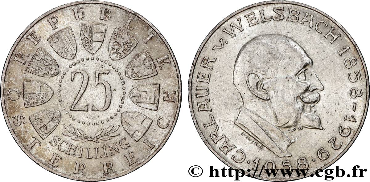 AUTRICHE 25 Schilling 100e anniversaire de la naissance du chimiste Carl Auer von Welsbach 1958 Vienne TTB+
