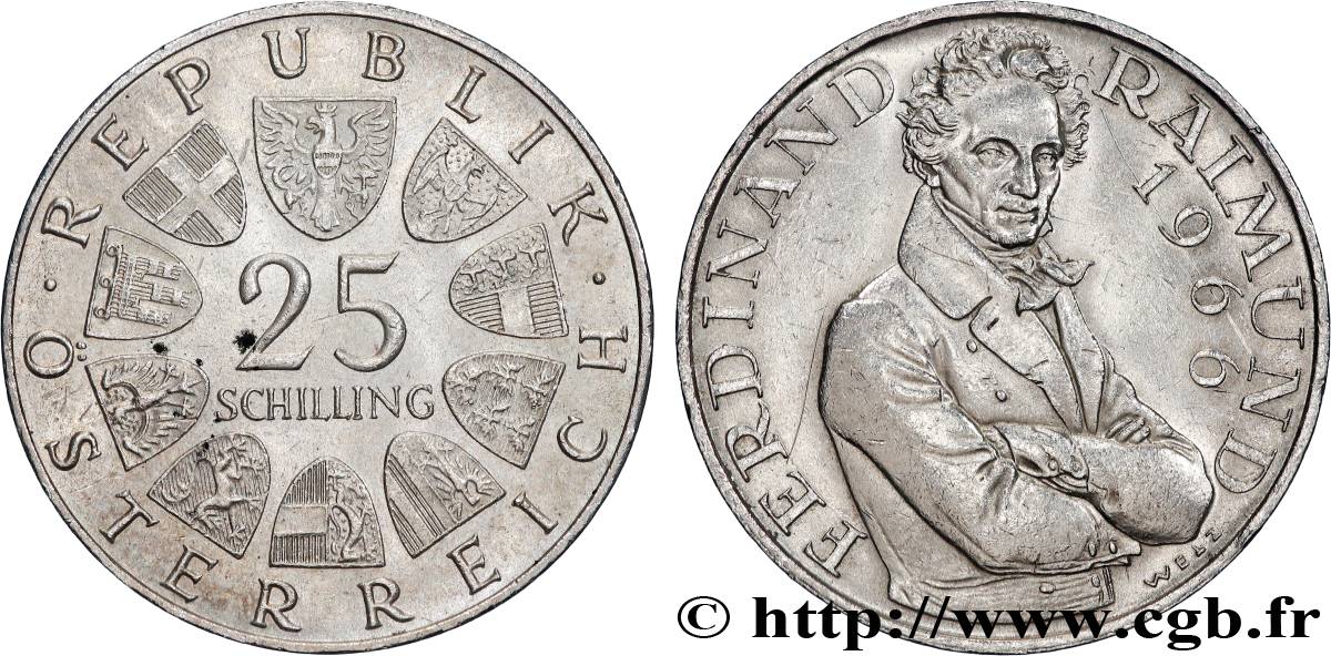 AUTRICHE 25 Schilling Proof 130e anniversaire de la mort de l’acteur et dramaturge Ferdinand Raimund 1966 TTB+