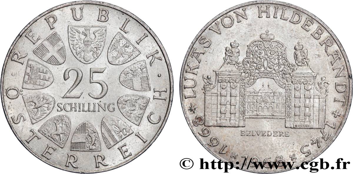 AUTRICHE 25 Schilling Proof 200e anniversaire de la naissance de Johann Lukas von Hildebrandt, architecte du palais du Belvédère 1968 TTB+