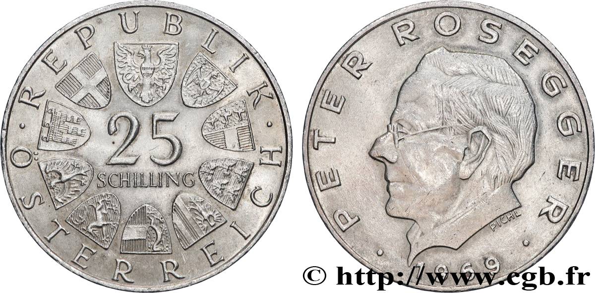 AUTRICHE 25 Schilling poète Peter Rosegger 1969  SUP