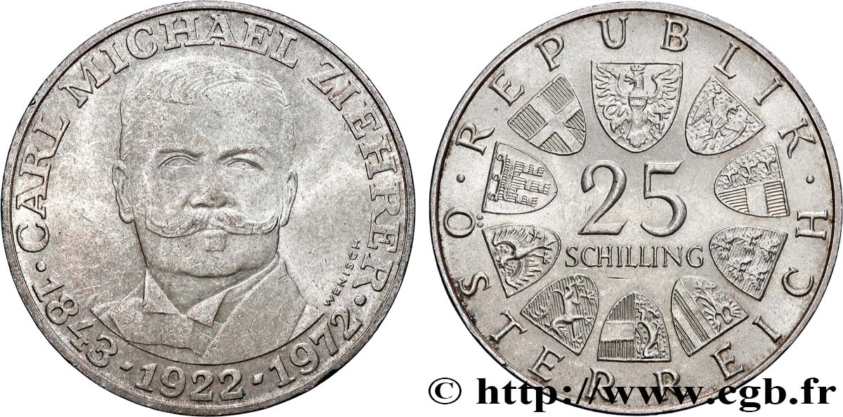 AUTRICHE 25 Schilling 50e anniversaire de la mort du compositeur Carl Michael Ziehrer 1972 TTB+