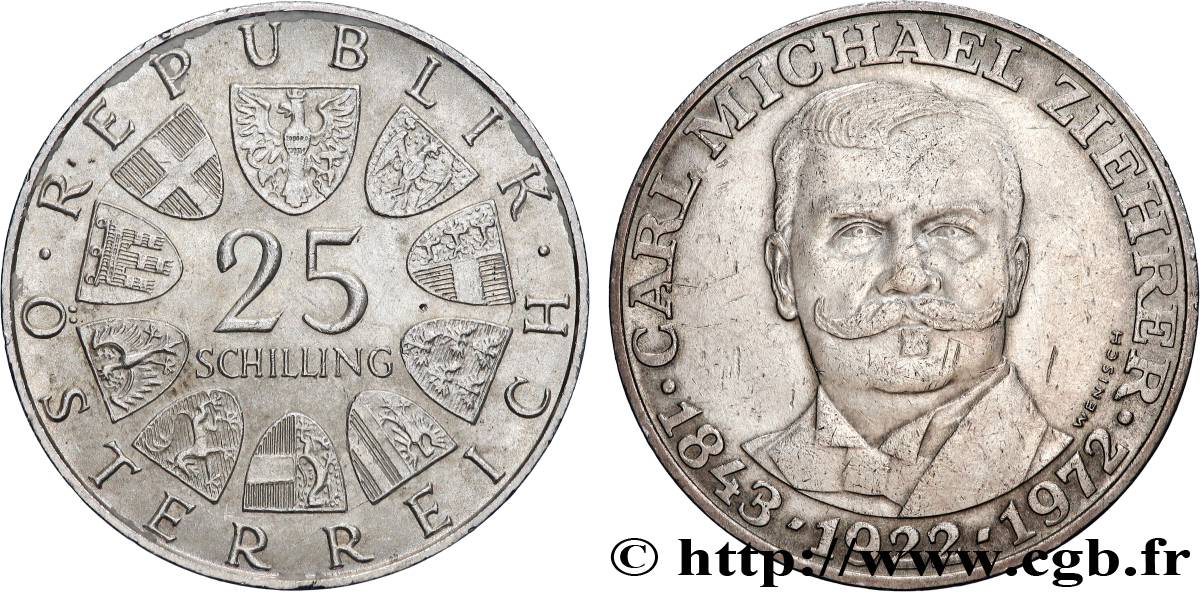 AUTRICHE 25 Schilling 50e anniversaire de la mort du compositeur Carl Michael Ziehrer 1972 TTB+