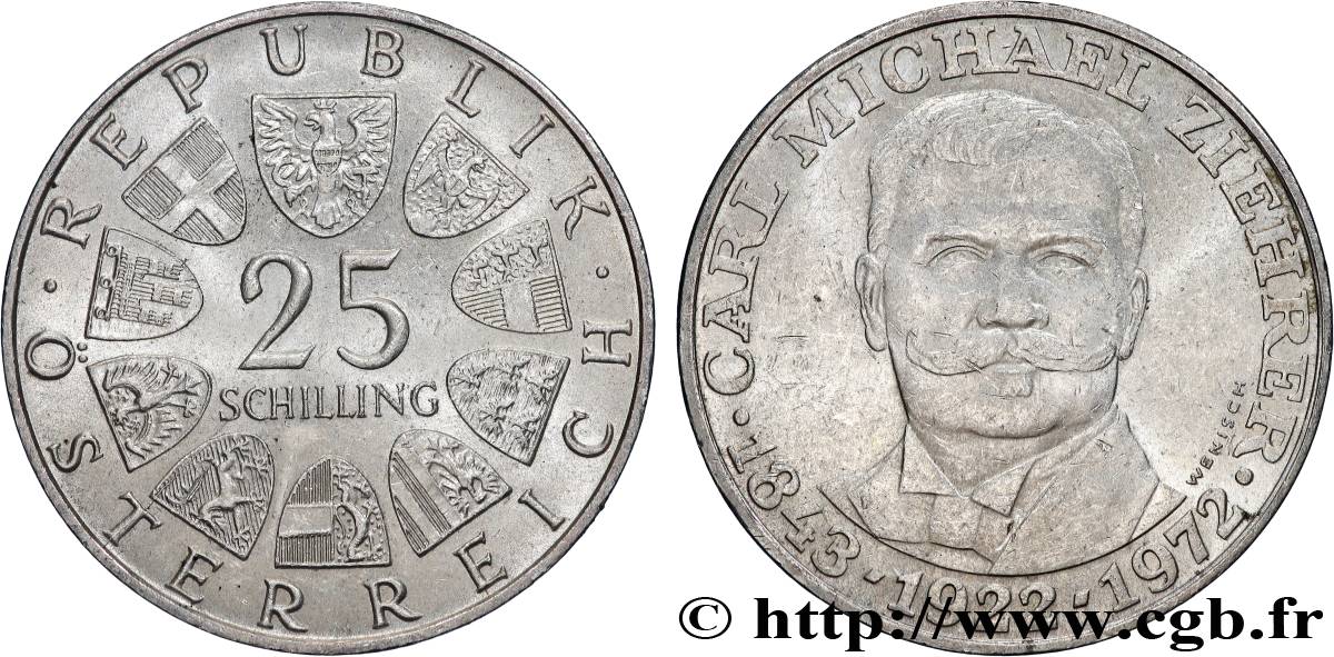 AUTRICHE 25 Schilling 50e anniversaire de la mort du compositeur Carl Michael Ziehrer 1972 SUP