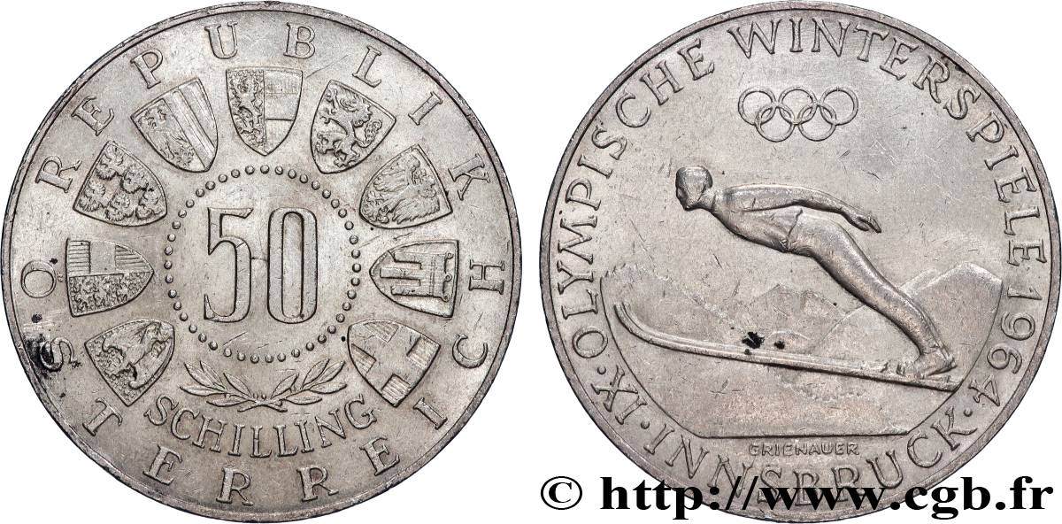 AUTRICHE 50 Schilling Jeux Olympiques d’Innsbruck, saut à ski 1964 Vienne TTB+