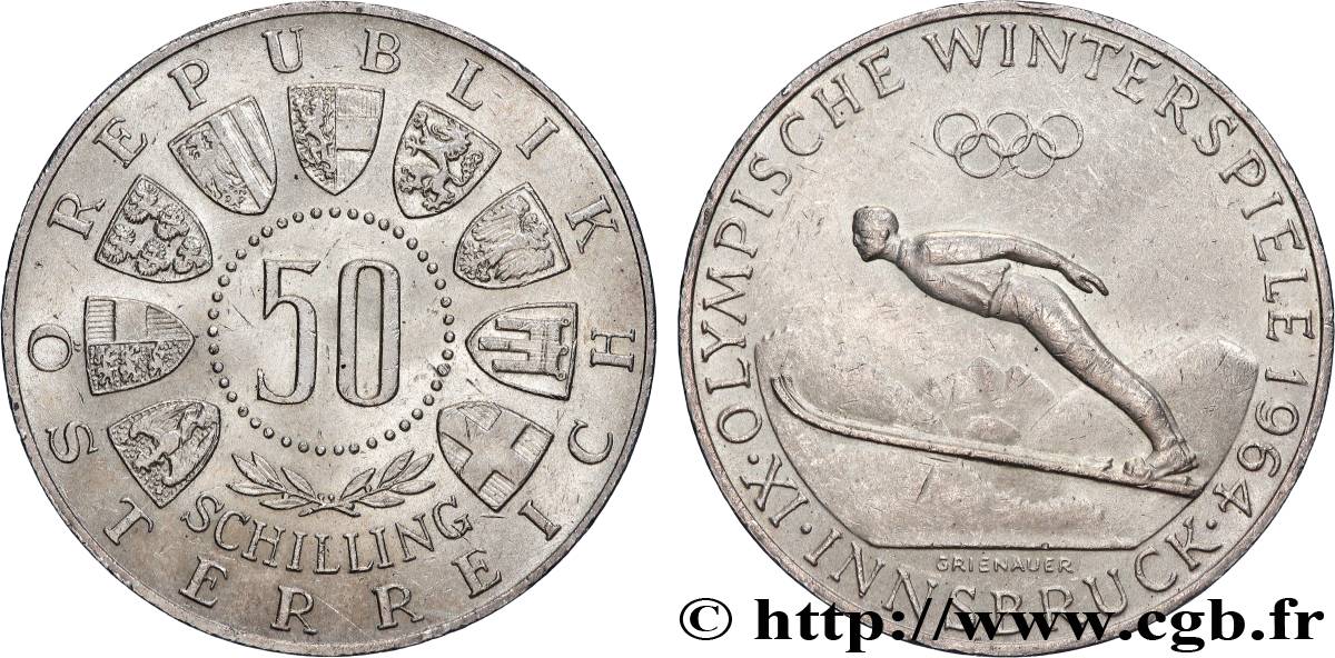 AUSTRIA 50 Schilling Jeux Olympiques d’Innsbruck, saut à ski 1964 Vienne AU