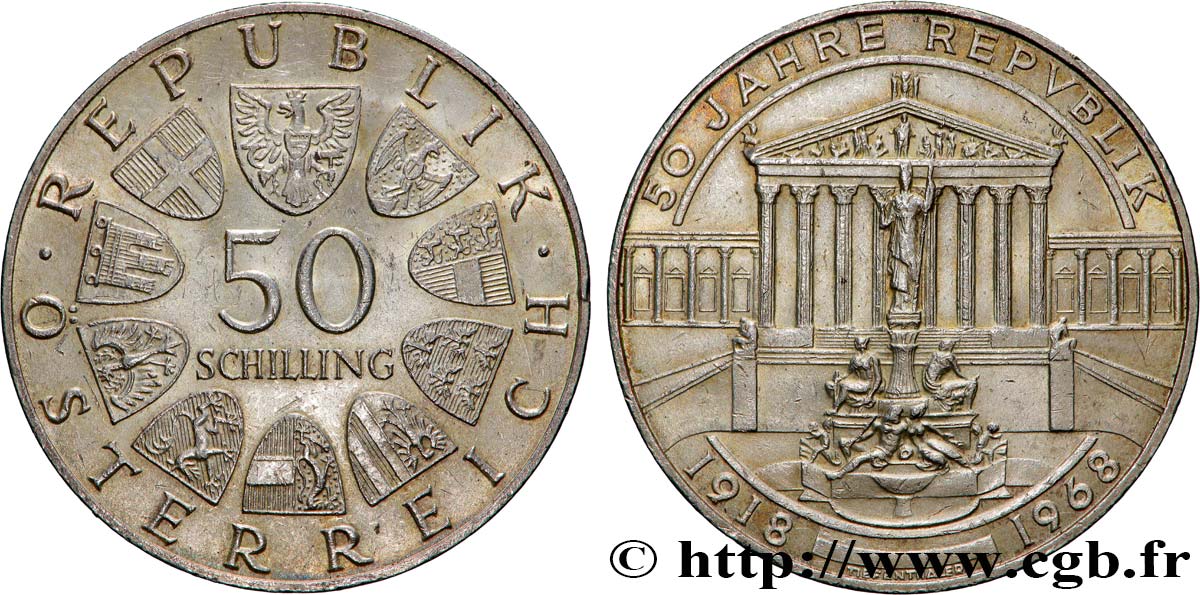 AUSTRIA 50 Schilling 50e anniversaire de la République, le Parlement Autrichien 1968 AU