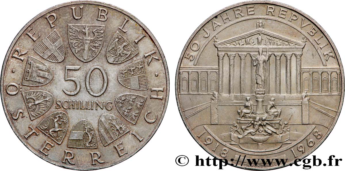 AUTRICHE 50 Schilling 50e anniversaire de la République, le Parlement Autrichien 1968  SUP