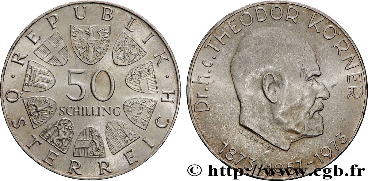 AUSTRIA 50 Schilling 100e anniversaire de la naissance du Dr Theodor Körner 1973 Vienne AU