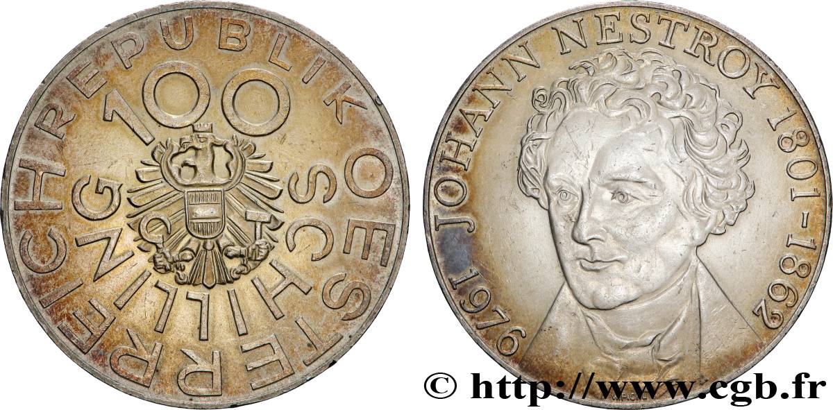 AUTRICHE 100 Schilling 175e anniversaire de la naissance de Johann Nestroy, comédien et dramaturge viennois 1976 monnaie nettoyée SUP