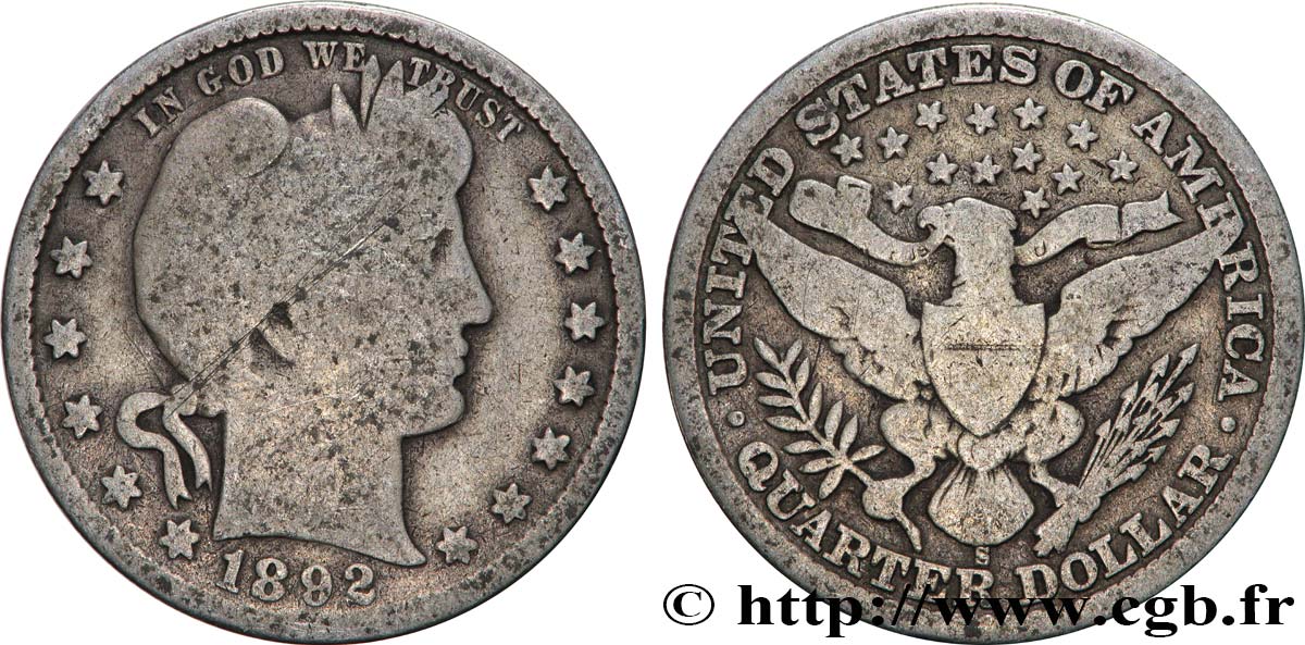 ÉTATS-UNIS D AMÉRIQUE 1/4 Dollar Barber 1892 San Francisco TB