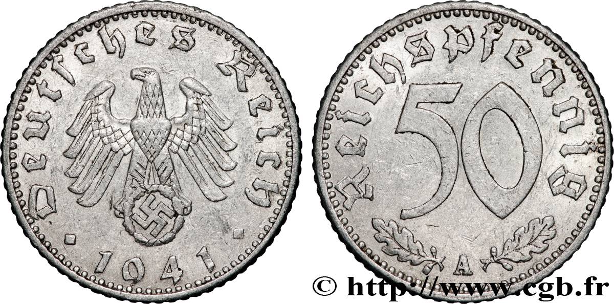 DEUTSCHLAND 50 Reichspfennig aigle héraldique sur swastika 1941 Berlin SS