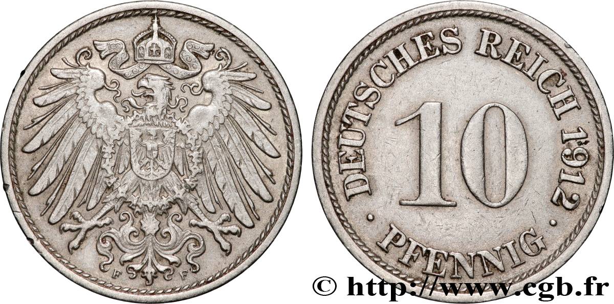 DEUTSCHLAND 10 Pfennig aigle héraldique 1912 Stuttgart - F fVZ