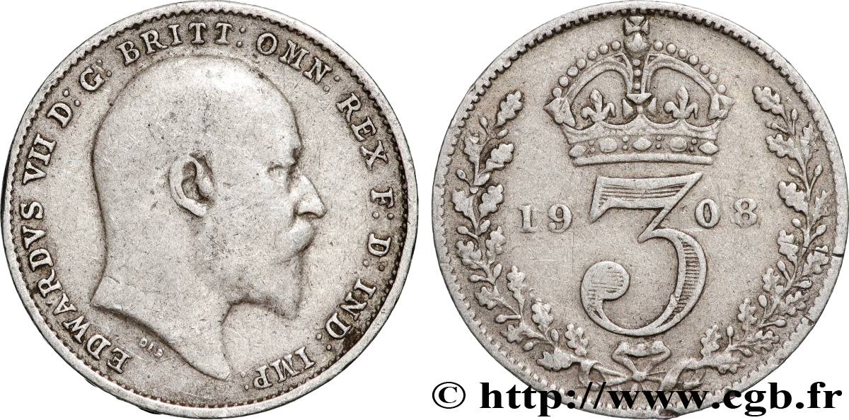 UNITED KINGDOM 3 Pence Édouard VII 1908 VF