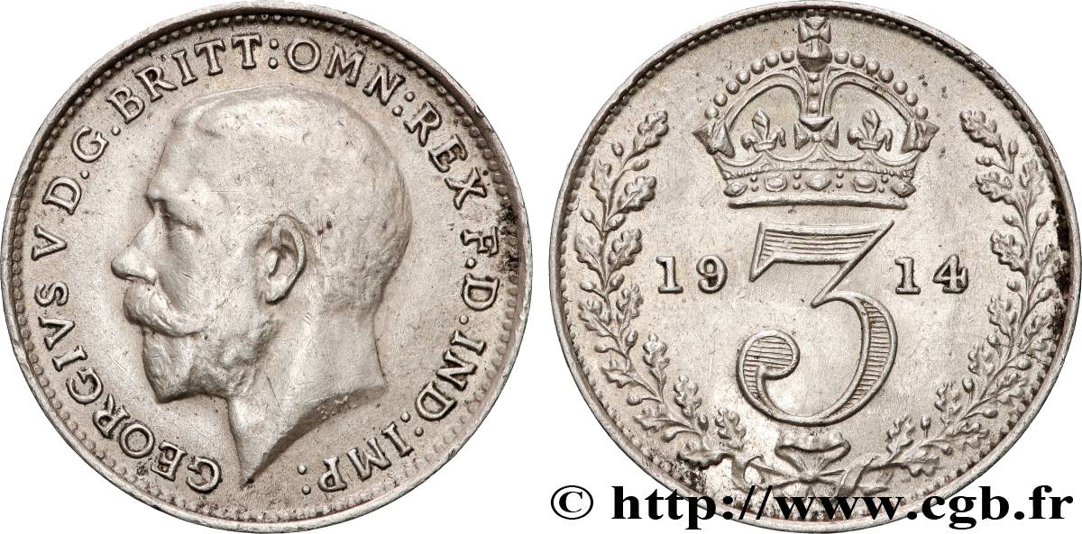 UNITED KINGDOM 3 Pence Georges V / couronne 1914 AU