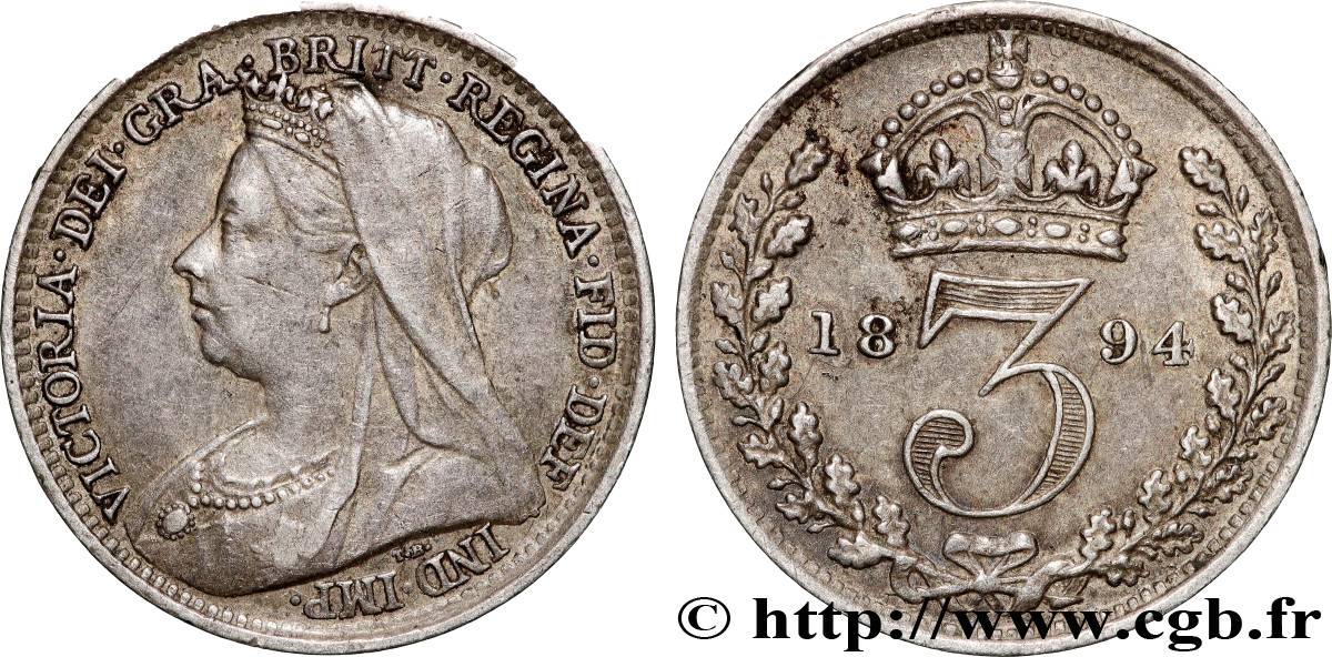 ROYAUME-UNI 3 Pence Victoria “Old head” 1894 TTB+