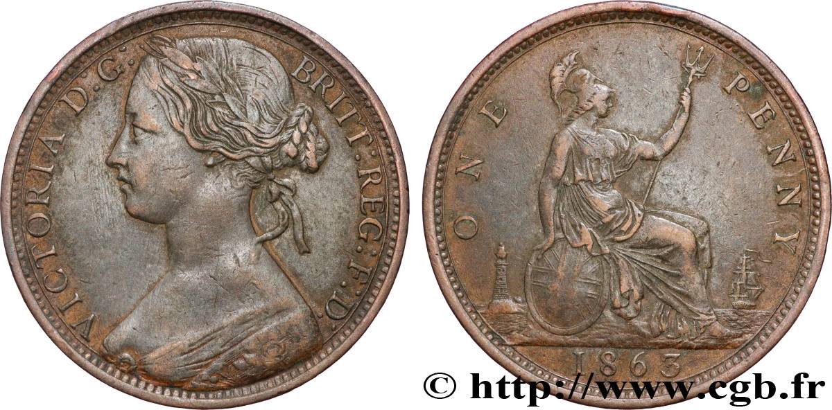 ROYAUME-UNI 1 Penny Victoria “Bun Head” 1863 TTB