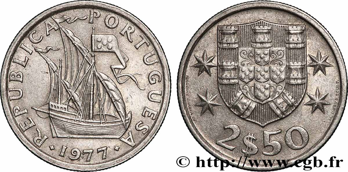 PORTUGAL 2 1/2 Escudos emblème / voilier 1977 Lisbonne SUP
